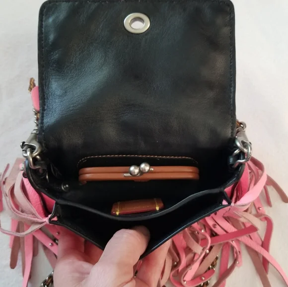 COACH PINK STUDDED WILD TEA ROSE DINKY FRINGE CROSSBODY RARE with COA - Picture 12 of 17
